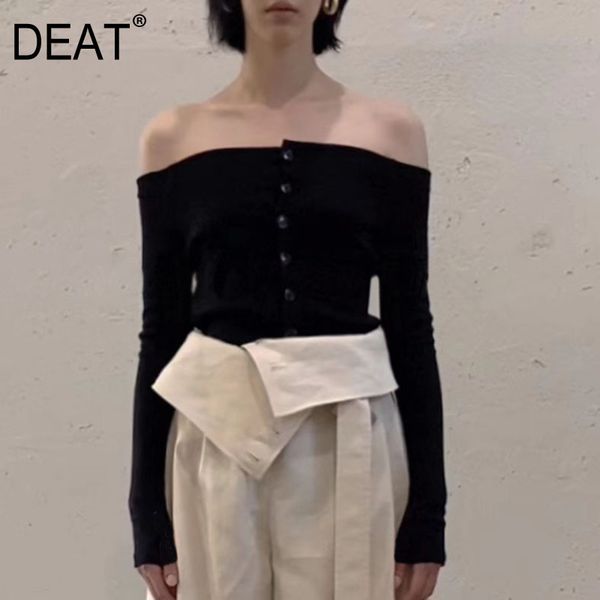 

[deat] solid black off shoulder one neck knitted single breasted long sleeve short for women spring gx756 210428, White;black