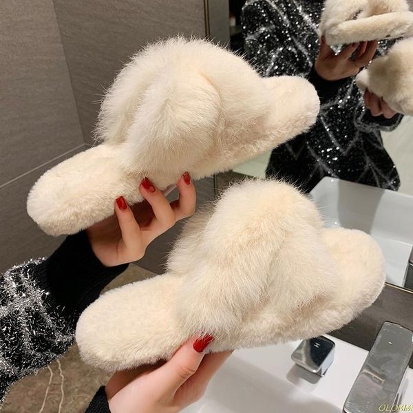 

slippers winter women warm raibbit fur home ladies cross soft plush furry female open toe women's house shoes woman slides, Black