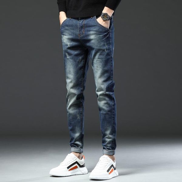 

men's jeans regular straight full lenght casual denim trousers, Blue