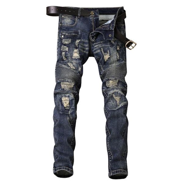 

men's jeans skinny men denim locomotive jean homme ripped spijkerbroeken heren biker stretch pants slim fit trousers fashion, Blue
