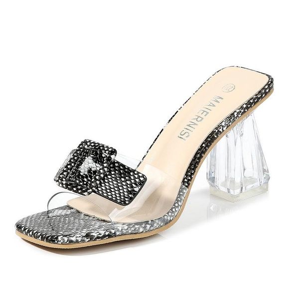 

slippers square high heels snakeskin transparent pvc sandals, Black
