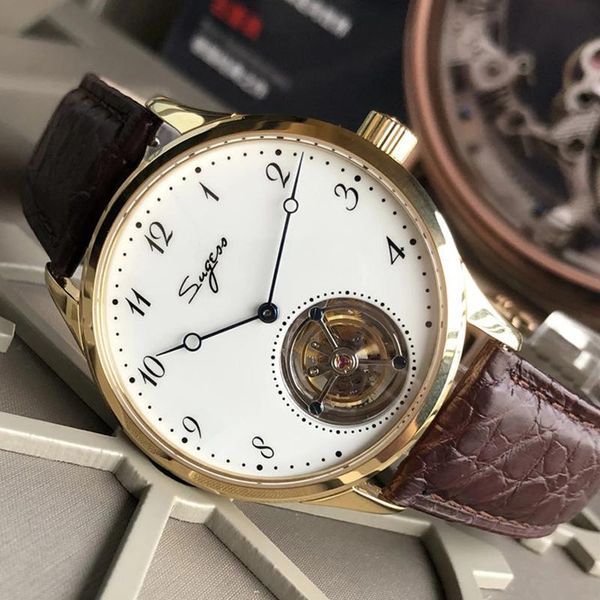 

wristwatches men watch waterproof business sugess tourbillon movement seagull st8230 sapphire arabic number enamel white face, Slivery;brown