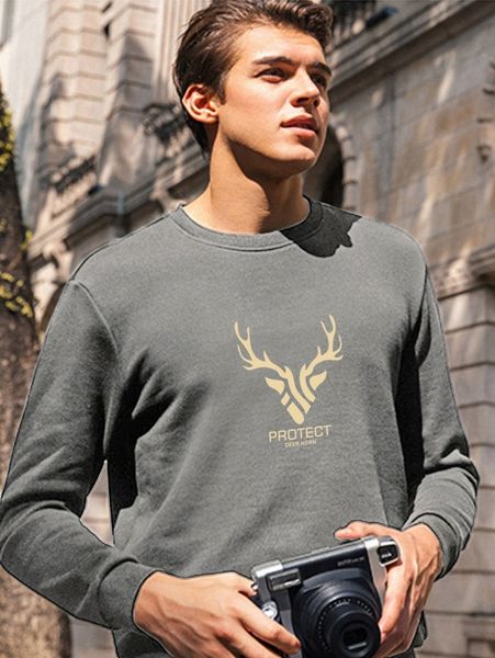 

men elk and slogan graphic pullover d37i#, Black