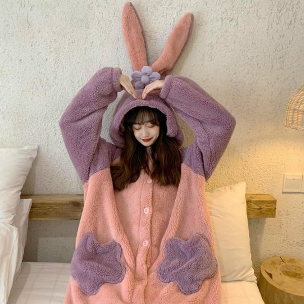 

autumn winter women cute pajamas cartoon ears hooded sleepwear plush lady home clothes female sweet warm lounge robes women's, Black;red