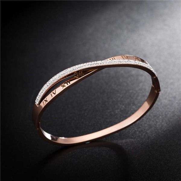 

titanium steel pave setting crystal roman numerals bangles bracelet classic rose gold wedding bangle jewelry for women ab19092 q0717, Black