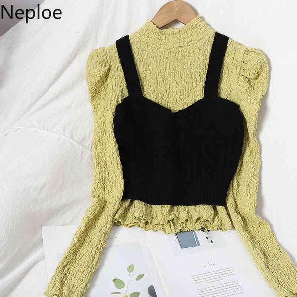 

neploe korean fashion suit two piece outfits for women half turtleneck pleated shirts knit ribbed vest sweet 2 piece set 210422, White