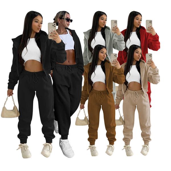

d88144 women's new coat plush sweater hooded leisure sports suit two piece set, Gray