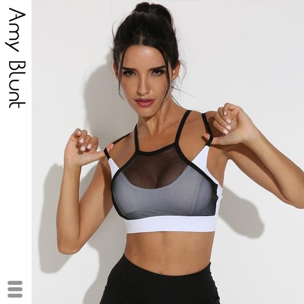 

white black hollow out mesh sport bra women padded high impact underwear double thin shoulder strap sports gym clothing
