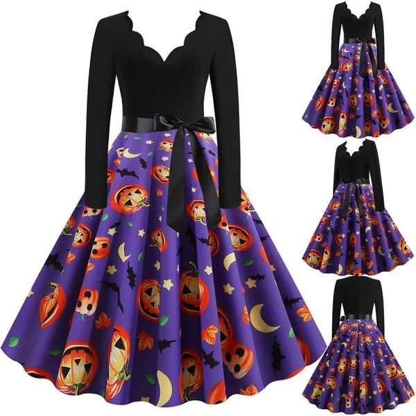 

casual dresses multiple colors women long sleeve 2021 halloween dress floral pumpkin printing knee length bow belt v-neck autumn, Black;gray