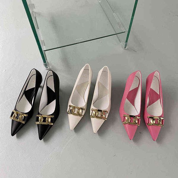 

dress shoes fashion women pumps pointed toe metal chain shallow slip on office thin high heels black beige pink woman 39 220303