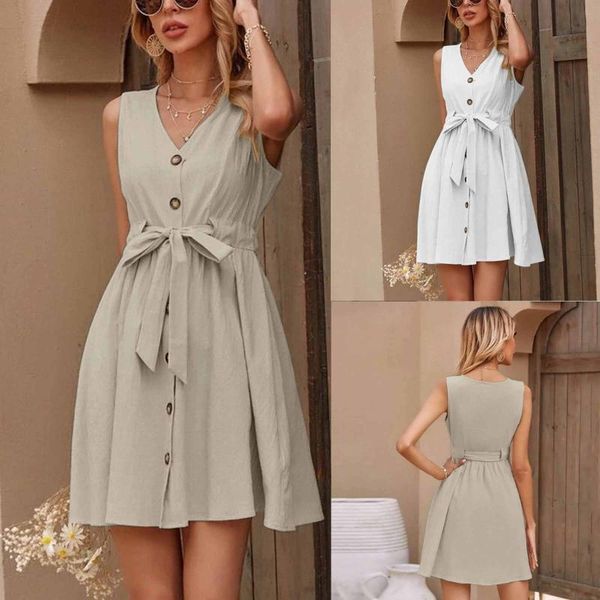 

casual dresses summer women white dress v-neck sashes solid buttons sleeveless frenulum all-match mini robe femme vestidos, Black;gray
