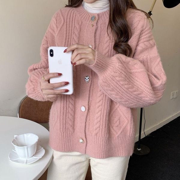 

women's knits & tees korean fashion kintted cardigan sweater women autumn o-neck long sleeve loose jacket oversized female warm causal, White