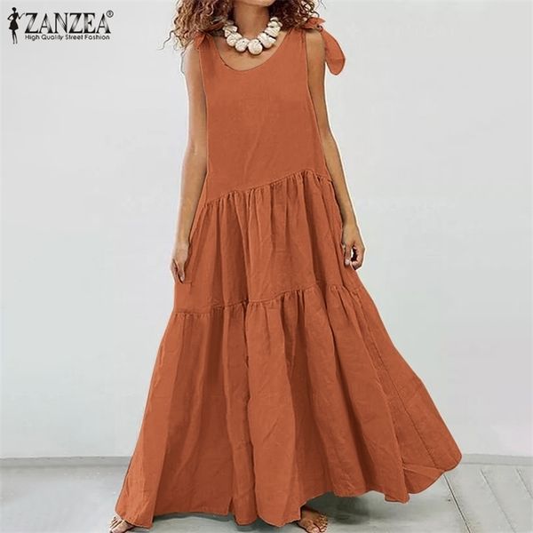 

zanzea 2021 elegant sleeveless summer dress womens tank sundress casual o neck solid maxi vestidos female linen robe femme 5xl, Black;gray