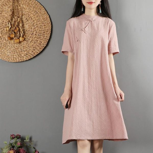 

cotton linen traditional chinese dress qipao 2021 summer cheongsam oriental vintage soild color sundress vestidos 11774 ethnic clothing, Red