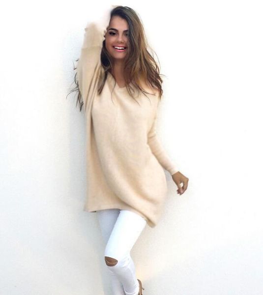 

women's sweaters ladies loose v-neck long sleeve thin sweater, White;black