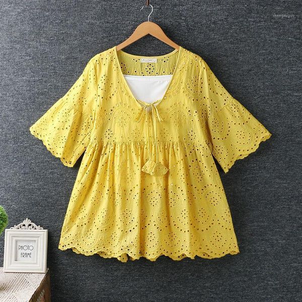 

women's blouses & shirts sweet chic embroidery women blouse and flare sleeve beach summer set v neck hollow out yellow shirt +camis 2 p, White