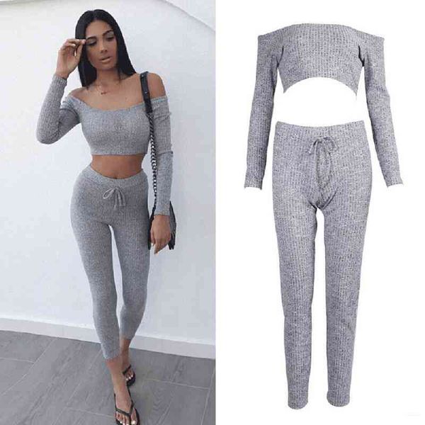 

women's two piece pants 2pcs women knit tracksuit arrival ladies autumn clothes sets off shoulder crop stretchy knitted, White