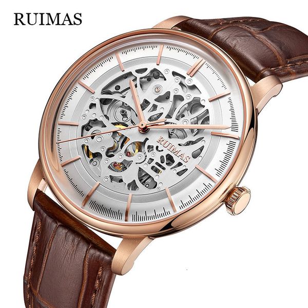 

new ruimas gentlemen clock luxury marks rose gold mechanical sports waterproof full business relogio masculin, Slivery;brown