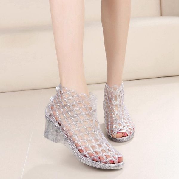

dress shoes 2021 summer korean version of crystal jelly glitter hollow mesh hole fish mouth high heels wedge heel plastic sandals female, Black
