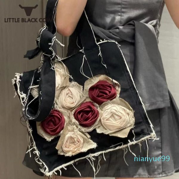 

evening bags brand designer women casual denim shoulder bag harajuku rose flowers square handbag tassels ladies totes packing underarm