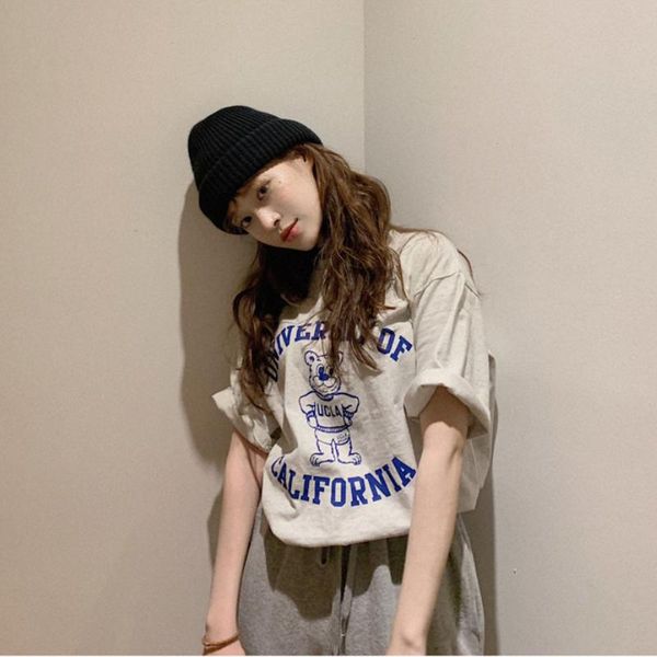

women's t-shirt 2021 korean chic loose women bear print short sleeve o neck woman tees preppy style simple all match graphic t shirts, White