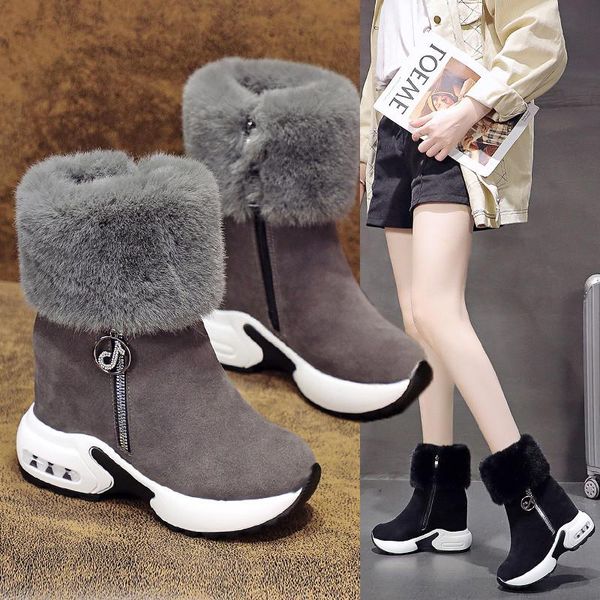 

boots women thick plush keep warm snow cold winter comfortable platform 10cm wedges height increasing shoes botas mujer, Black