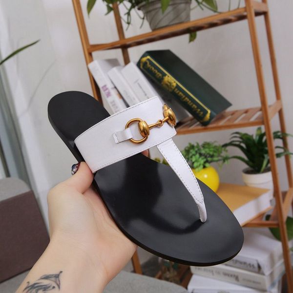 

2021 summer brand designer women flip flops slipper luxury fashion genuine leather slides sandals metal chain ladies casual shoes eu35-45, Black