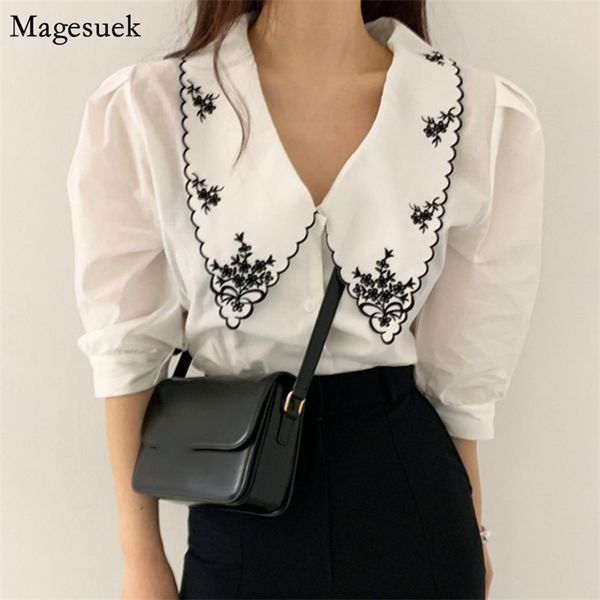 

floral embroidery puff short sleeve white shirts women vintage blusas mujer korean chic elegant blouse clothes 14443 210512