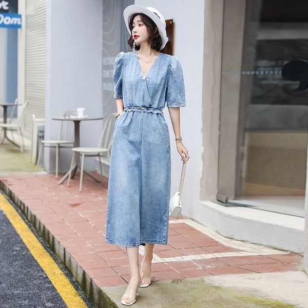 

casual dresses elegant female vintage summer mid-calf denim dress casual fashion short puff rentals up waist to neck office ladies dressed 3, Black;gray