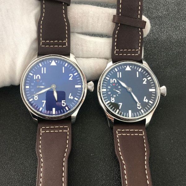 

wristwatches men's manual dafei mineral glass watch 44mm leather strap st3600 movement, Slivery;brown
