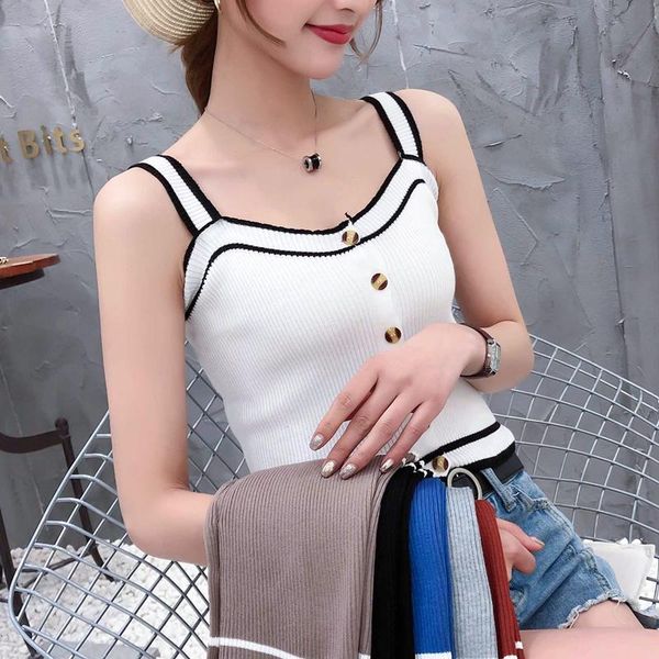 

women's sweaters 2021 spring and summer single-breasted camisole female slim hit color knit short sleeveless outer wear shirt, White;black