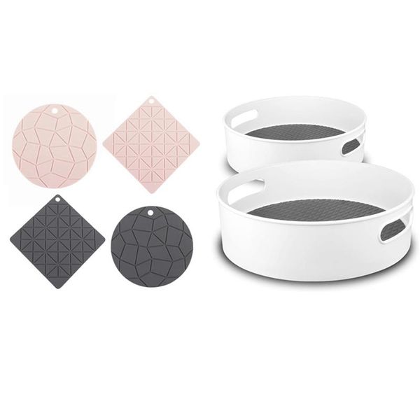 

mats & pads 6 pcs kitchen accessories: 4 silicone placemat table pad drain mat 2 deep plastic rotating storage container