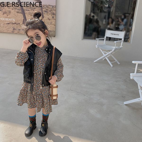 

2022 spring and autumn boys and girls black leather vest children motorcycle leather children handsome floral skirt, White