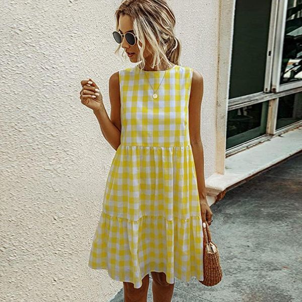

plaid sleeveless summer casual sundress women dress a line loose swing holiday beach party, Black;gray