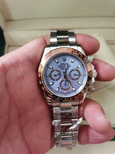 

with original box mens 40mm automatic mechanical crown watch stainless steel bracelet wristwatch clock date ceramic bezel chronograph men wa, Slivery;brown