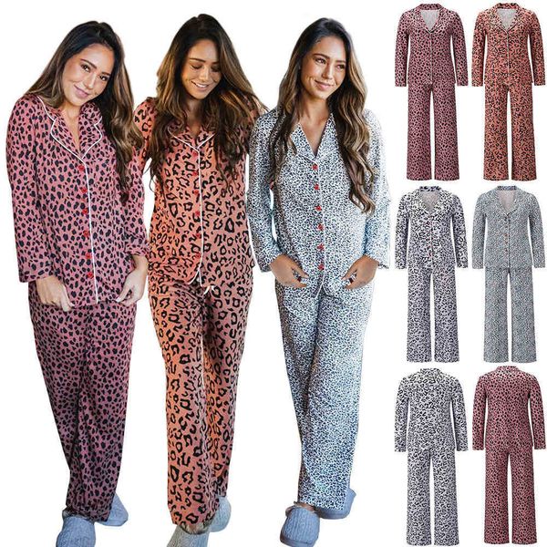 

sleepwear marketable pajamas home suit autumn and winter 2021 women's leisure leopard print two piece set, Black;red