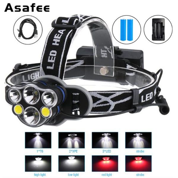 

drop 6 led t6 xpe cob headlight waterproof head torch hunting camping fishing 18650 battery+charger headlamps