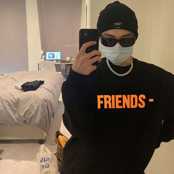 

long 2021 brand v hoodie round neck pullover sweater men's big high street loose spring and autumn couple american ins hoodless friends, Black