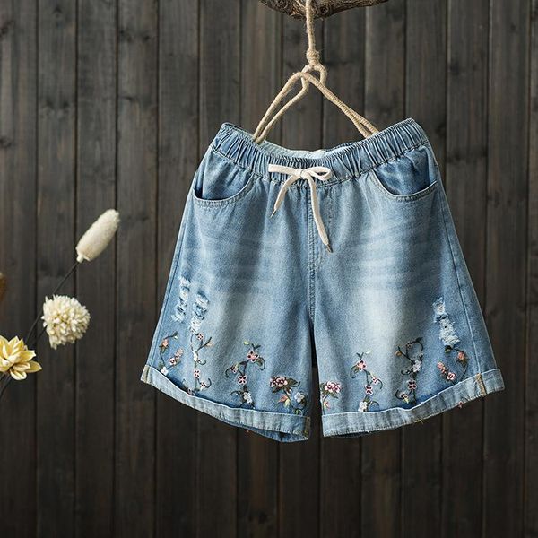 

women's jeans plus size vintage ripped pocket fringe denim shorts women casual korean 2021 summer girl embroidery, Blue