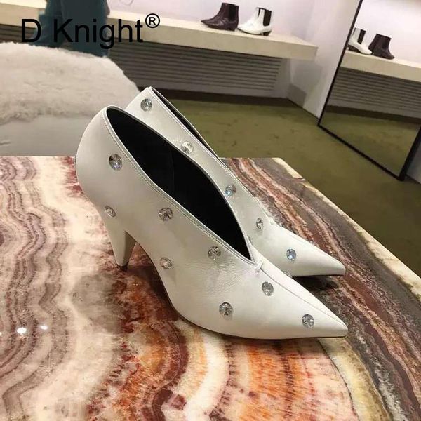 

dress shoes shallow rhinestone single lady high small heels shoe v-mouth pumps women pointed toe grandmother woman, Black