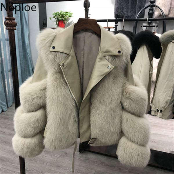 NAPOE Sonbahar Kış Giysileri Kadın Ceket Faux Fox Kürk Patchwork PU COAT Kadın Streetwear Kore Moda Kısa Tops 94482 210422