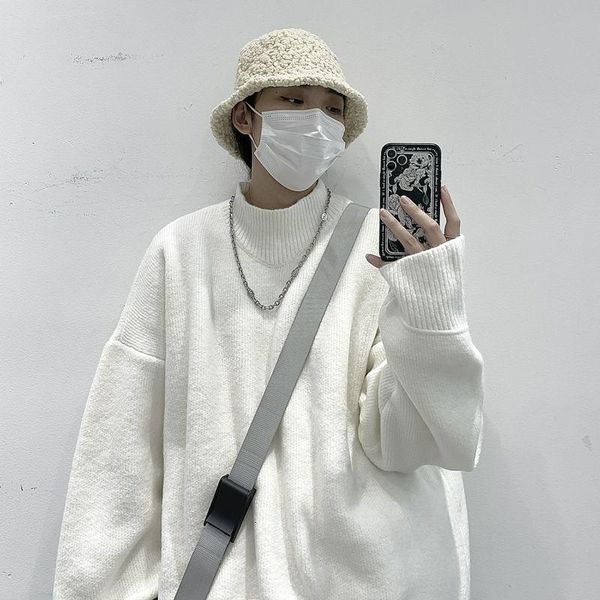 

men's sweaters thick warm knitted oversize loose printed pullover trendy streetwear half high neck bottoming clothes winter, White;black