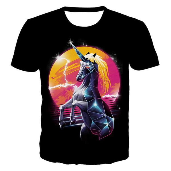 

summer new 3d pegasus animal print loose casual short sleeve t-shirt, White;black