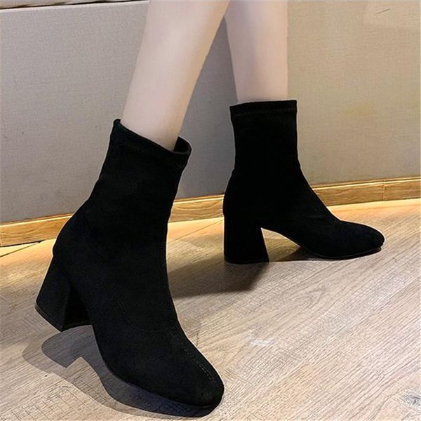 

boots women's shoes 2021 autumn and winter high-heeled square head stretch fashion breathable booties, Black