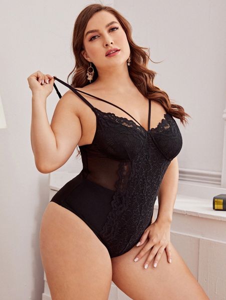 

plus floral lace harness teddy bodysuit y8hx#, Black;white