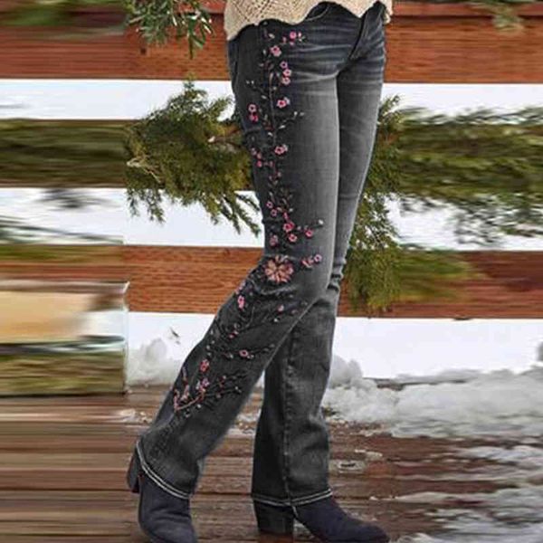 Long Long Straight Jeans mulheres caem alta cintura fina senhoras calças selvagens calças de pernas mulher mulher imprimindo as mulheres 210515