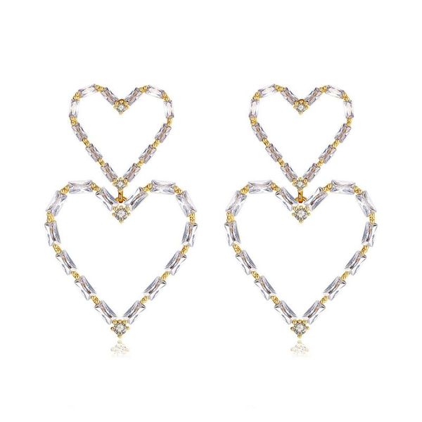 

tiny crystal drop earrings with heart pendant for women micro design shining cz wedding brinco dangle & chandelier, Silver