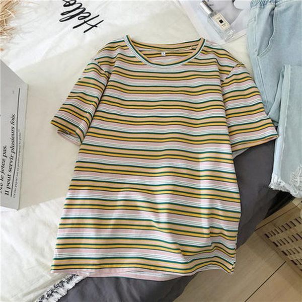 

cotton casual sweet stiped t-shirt camisetas spring summer women t shirts female short sleeve loose koszulki tees women's, White