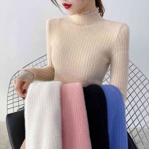

imitation mink velvet women fall womens sweaters winter high neck lace stitching tight fitting knitted bottoming pullover, White;black