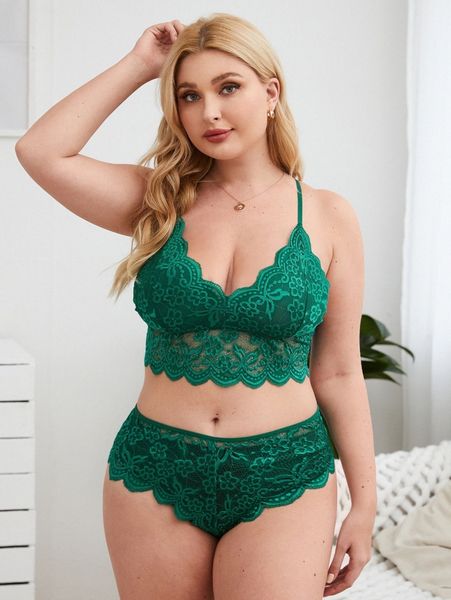 

plus floral lace scallop trim lingerie set e8of#, Black;white